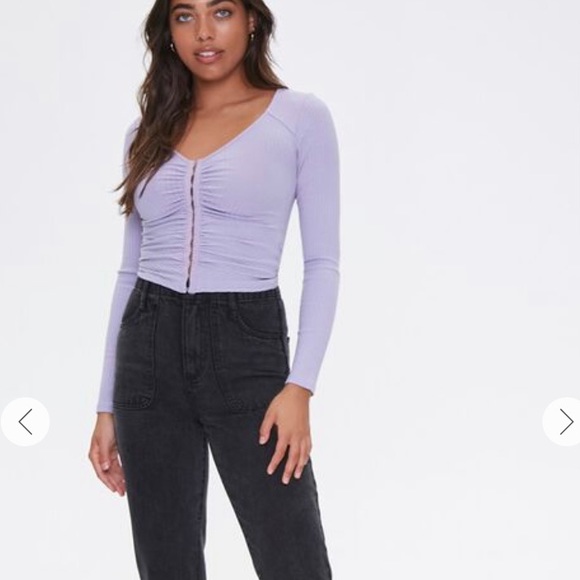 FOREVER 21 Lavender Purple Long Sleeve Knit Hook Eye Front Crop Top Size Small - Picture 11 of 14